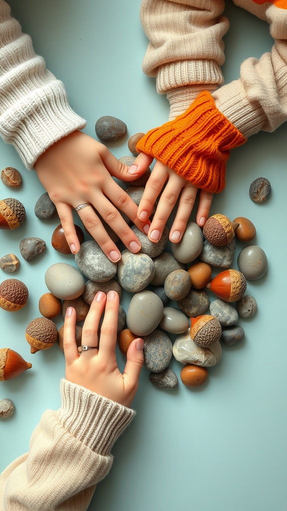 Hands with acorns and stones on a light blue surface