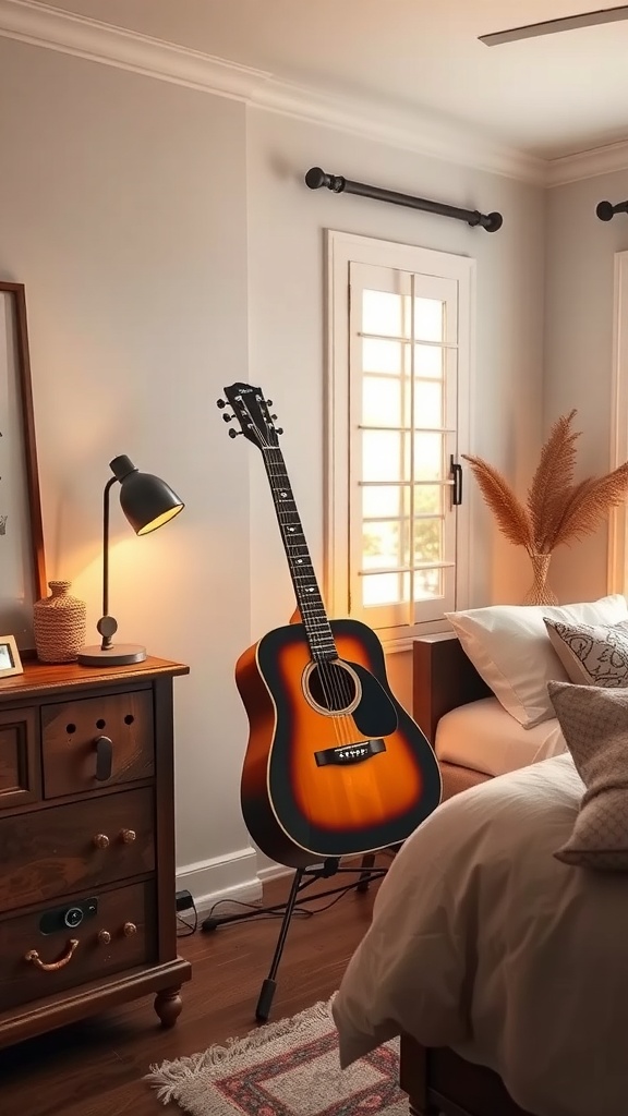 Cozy bedroom corner featuring an acoustic guitar, lamp, and wooden nightstand