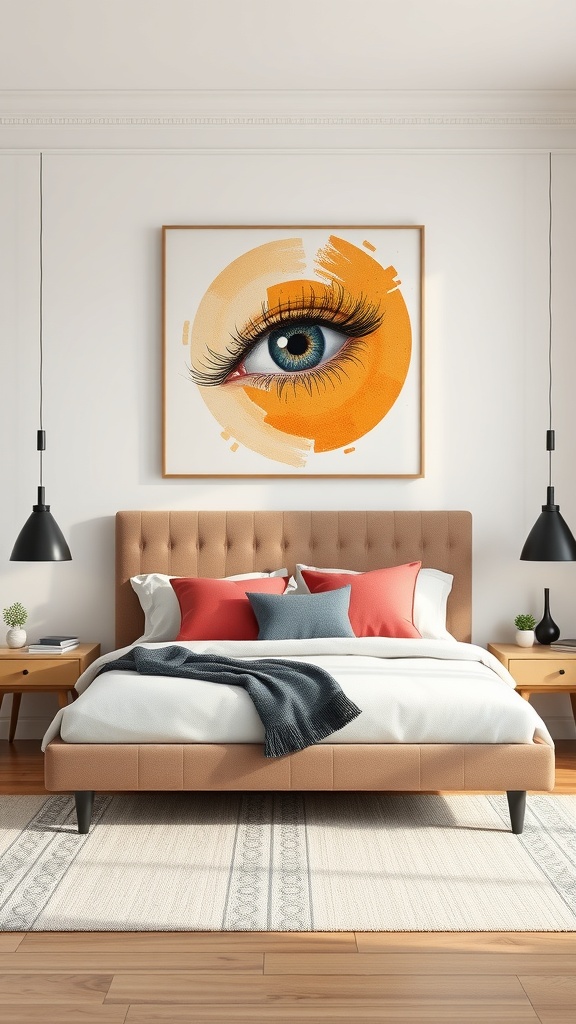 A cozy bedroom with a statement piece of artwork featuring an eye, above a stylish bed with colorful pillows.