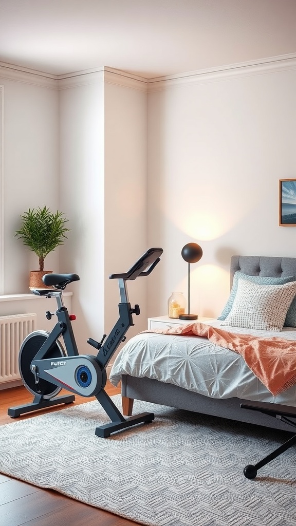 A bedroom corner featuring a compact stationary bike next to a bed, with a plant and soft lighting.