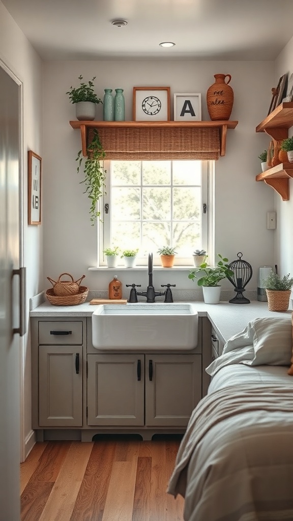 A cozy tiny farmhouse kitchen featuring a large farmhouse sink, wooden shelves, and potted plants.