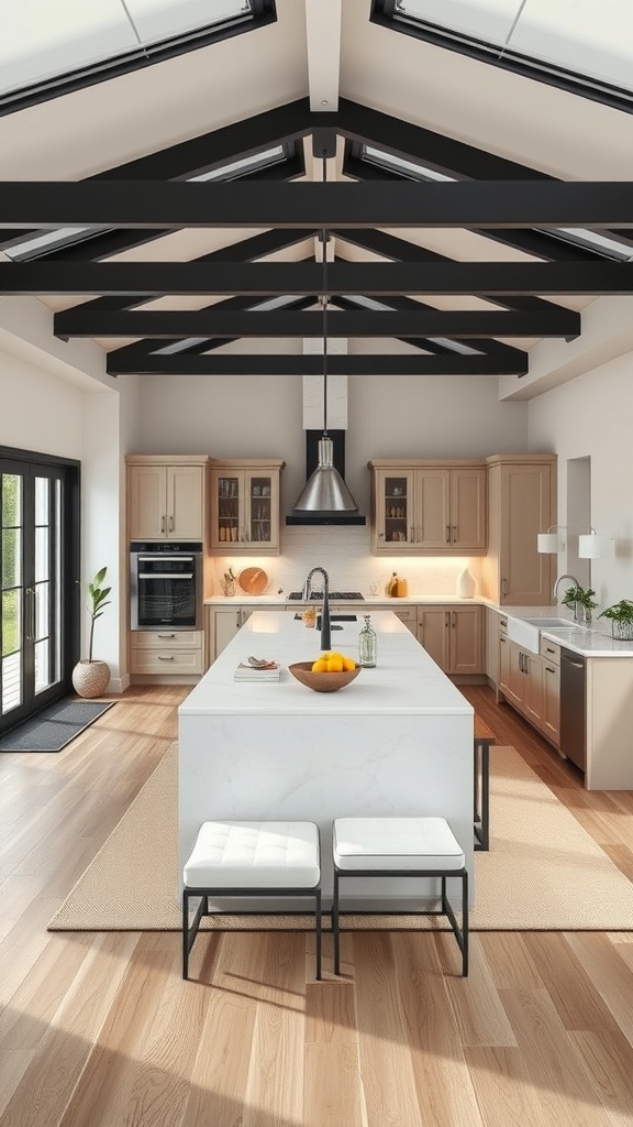 Modern kitchen with a large marble island, stylish stools, and open layout