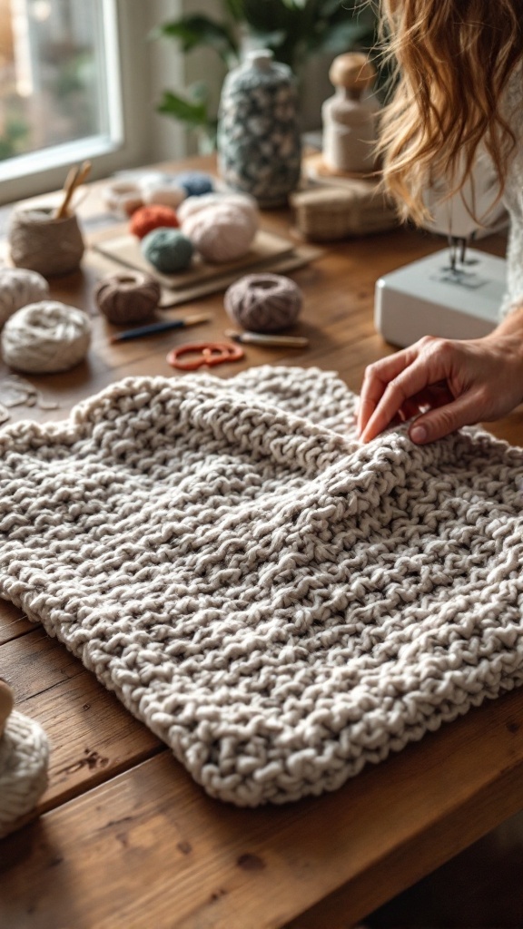 A beautifully crocheted laptop sleeve placed on a wooden table with various yarns and crafting tools around.