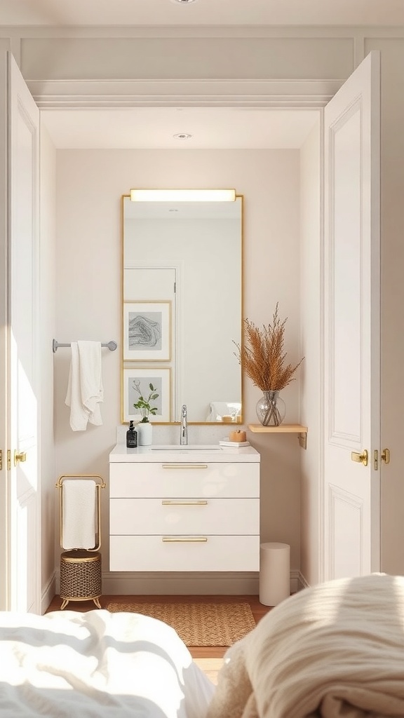 A modern bathroom with a large mirror above the sink, featuring a stylish design and bright lighting.
