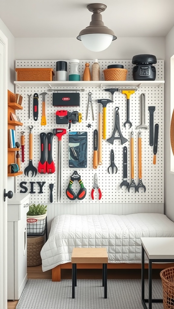 A small utility room featuring a pegboard filled with various tools, a shelf above with containers, and a neatly made bed.