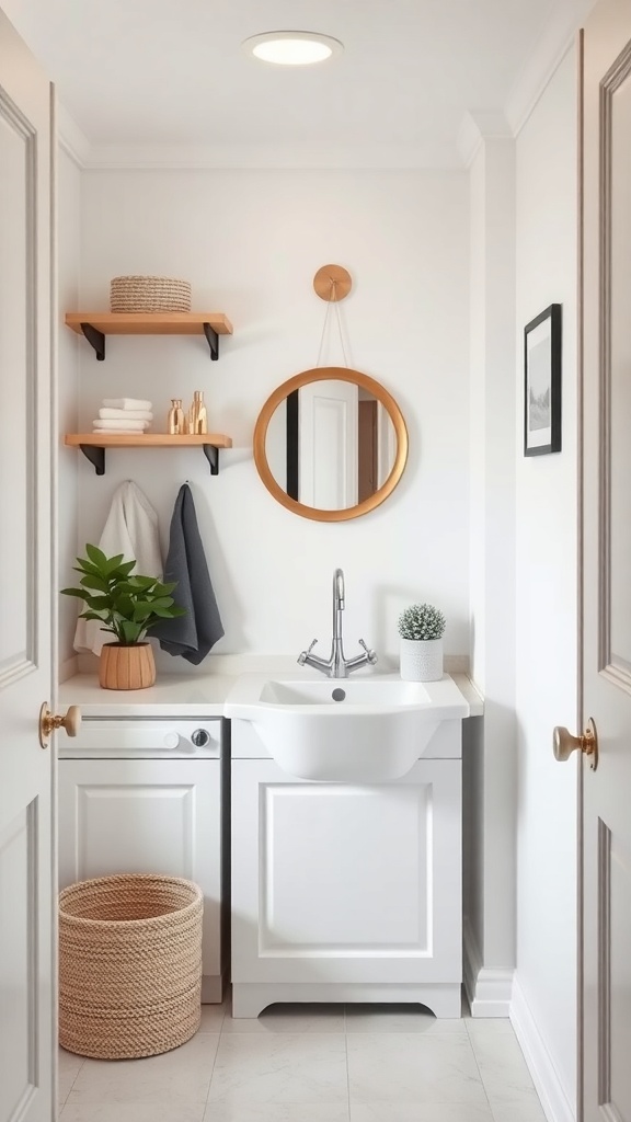 A compact laundry room featuring a small utility sink, modern faucet, and organized shelves.