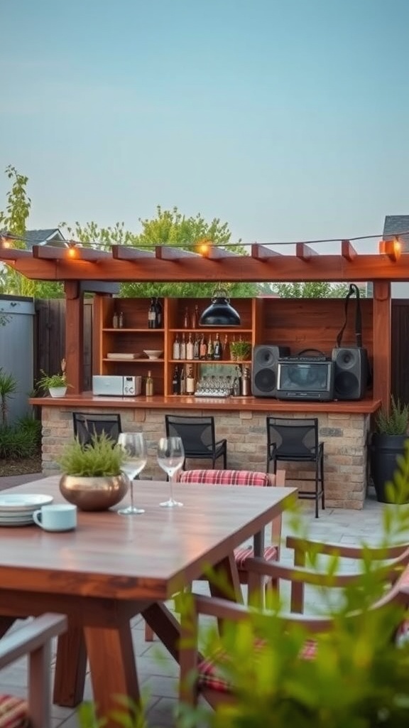 A backyard bar area featuring a wooden structure with a sound system, bar supplies, and a dining table.