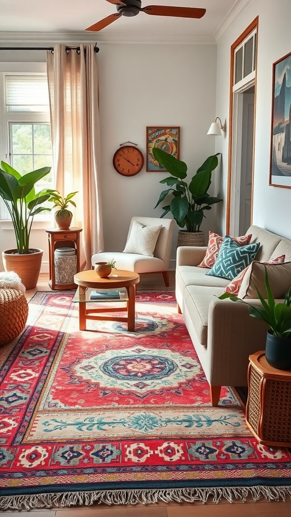 A cozy family room with a vibrant statement rug, comfortable seating, and plants.