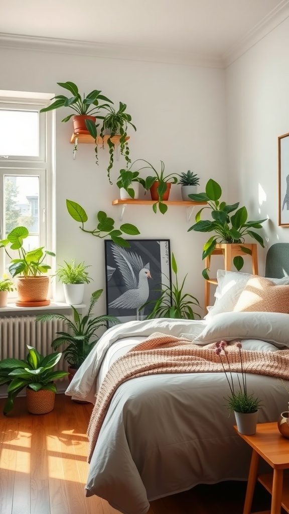 A cozy bedroom featuring various indoor plants on shelves and around the bed, creating a lively and inviting atmosphere.