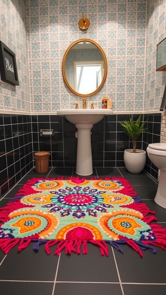 A colorful rug on a black tiled bathroom floor, with a sink and decorative elements.