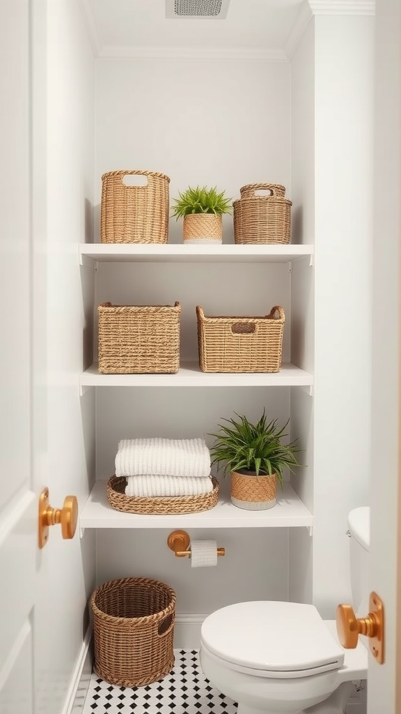 Decorative baskets on shelves in a small bathroom