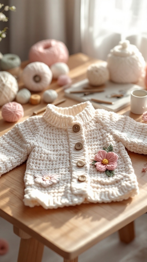A cream crochet baby jacket with floral embroidery, displayed on a wooden table surrounded by yarn balls and crafting materials.