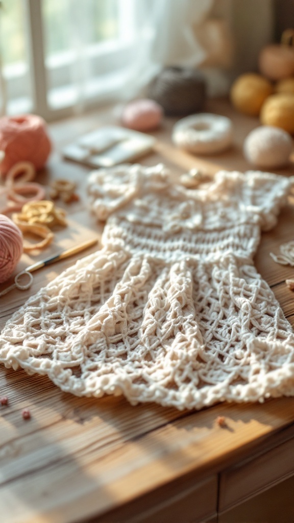 Crochet baby dress with decorative yarn and crafting tools around it
