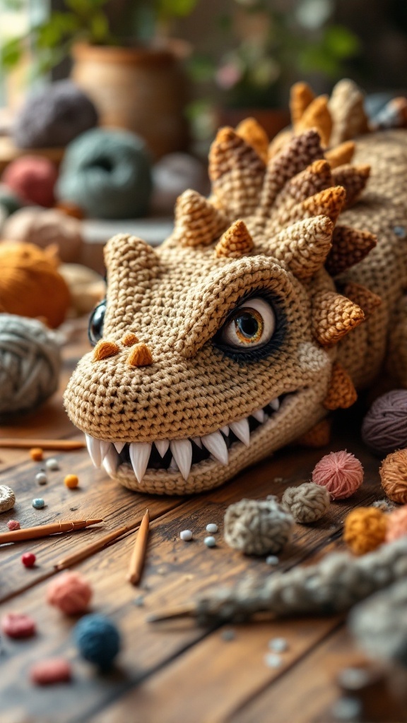 A close-up of a crochet dinosaur with large eyes and colorful spikes, surrounded by various yarns and crafting tools.