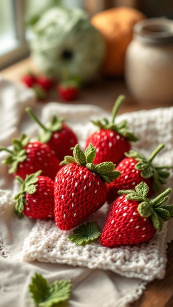 Crochet strawberries with green leaves and white seeds on a textured cloth