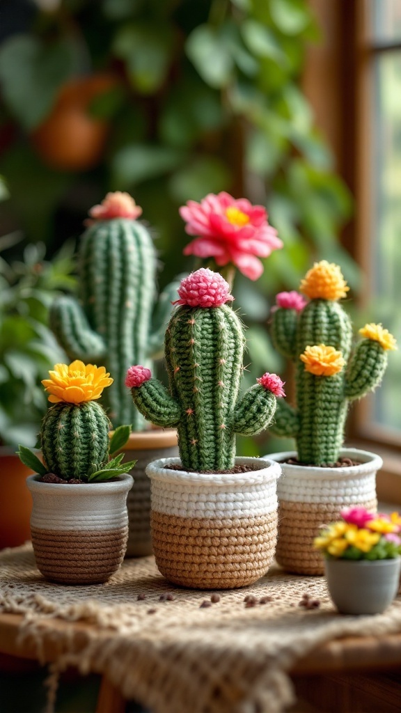 Crocheted cacti with colorful flowers in different pots, showcasing a creative home decor piece.