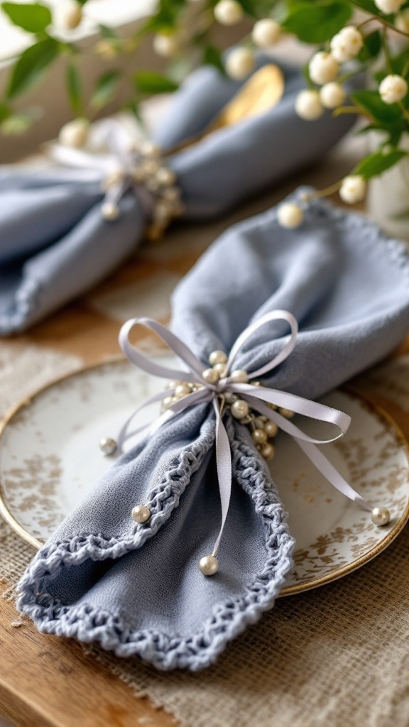 Crochet napkin rings with pearls and ribbons on a plate