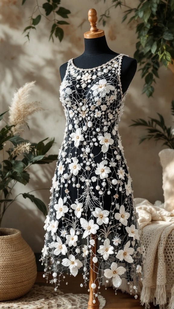 A crochet mesh dress featuring intricate floral designs, displayed on a mannequin in a cozy setting.
