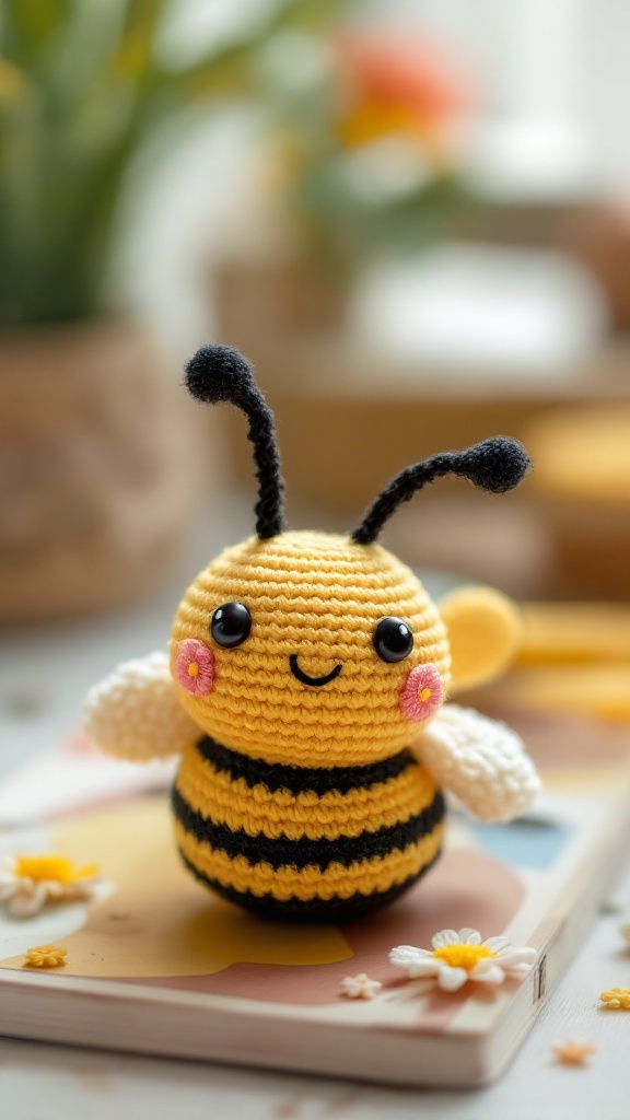 A cheerful crochet bee with yellow and black stripes, cute eyes, rosy cheeks, and delicate wings, sitting on a book surrounded by small flowers.