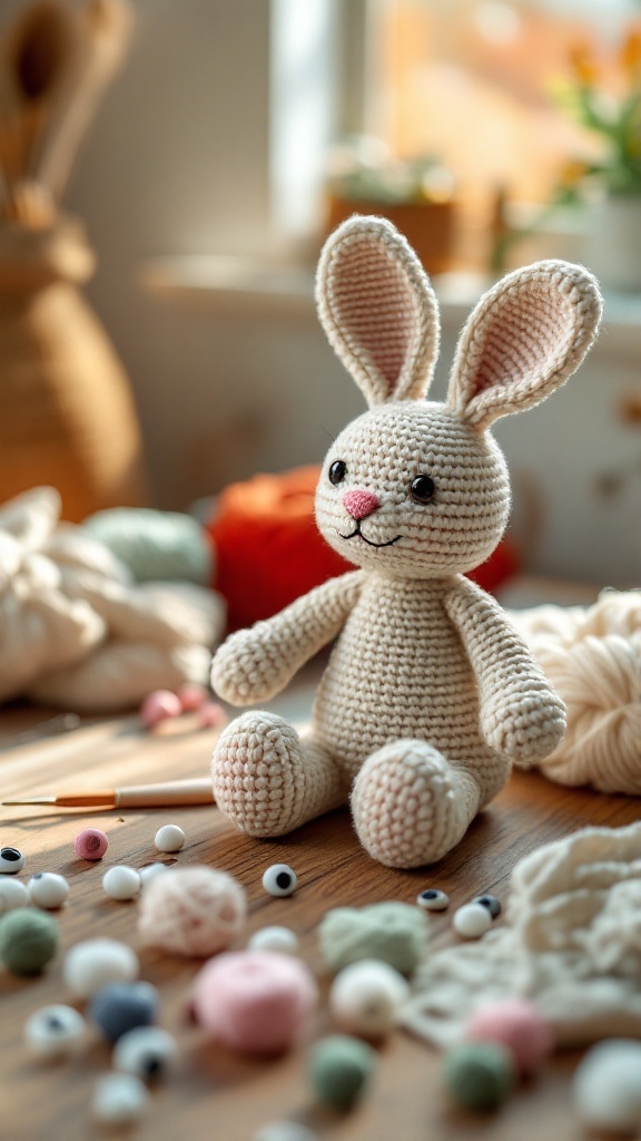 A crochet bunny with big eyes, a small nose, and cute smile, surrounded by crafting supplies.