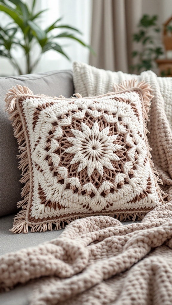 Crochet pillow cover with fringe and intricate patterns in cream and brown colors