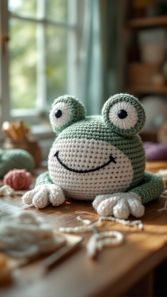 A cute crochet frog with big eyes and a smiling face, showcasing features for a fun frog hat.