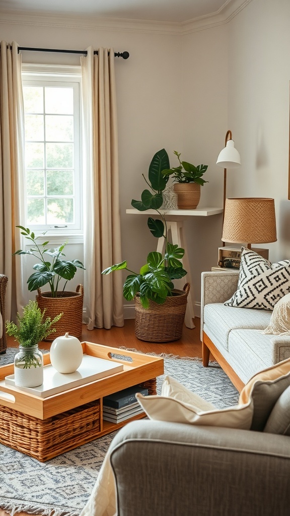 A cozy small family room with plants, a coffee table, and soft lighting.