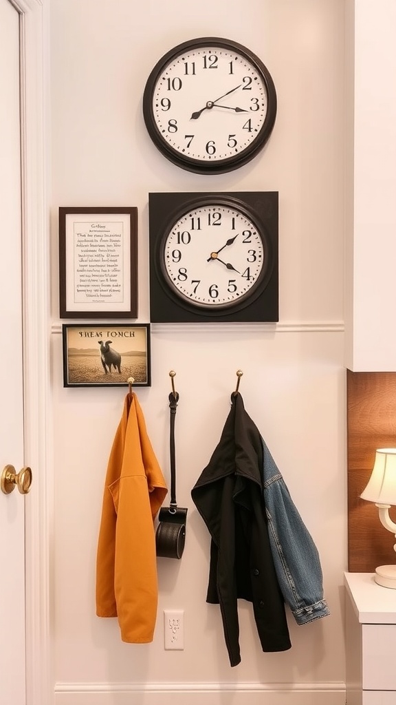 A wall with two clocks, framed art, and hooks for jackets in a small guest bedroom.