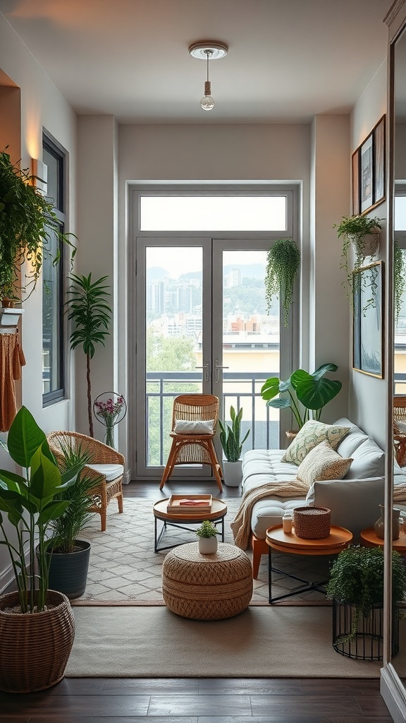 A cozy one-bedroom apartment with a functional outdoor space featuring plants, seating, and natural light.