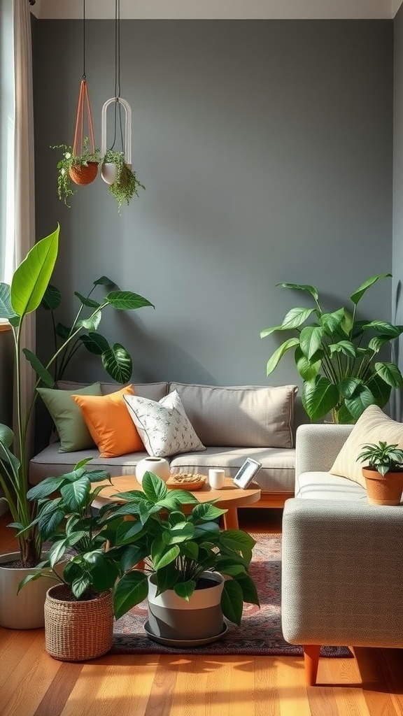 A cozy living room with plants, a sofa, and a coffee table