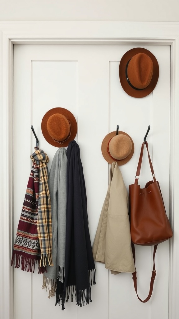 A closet door with hooks displaying hats, scarves, and a bag for easy access.