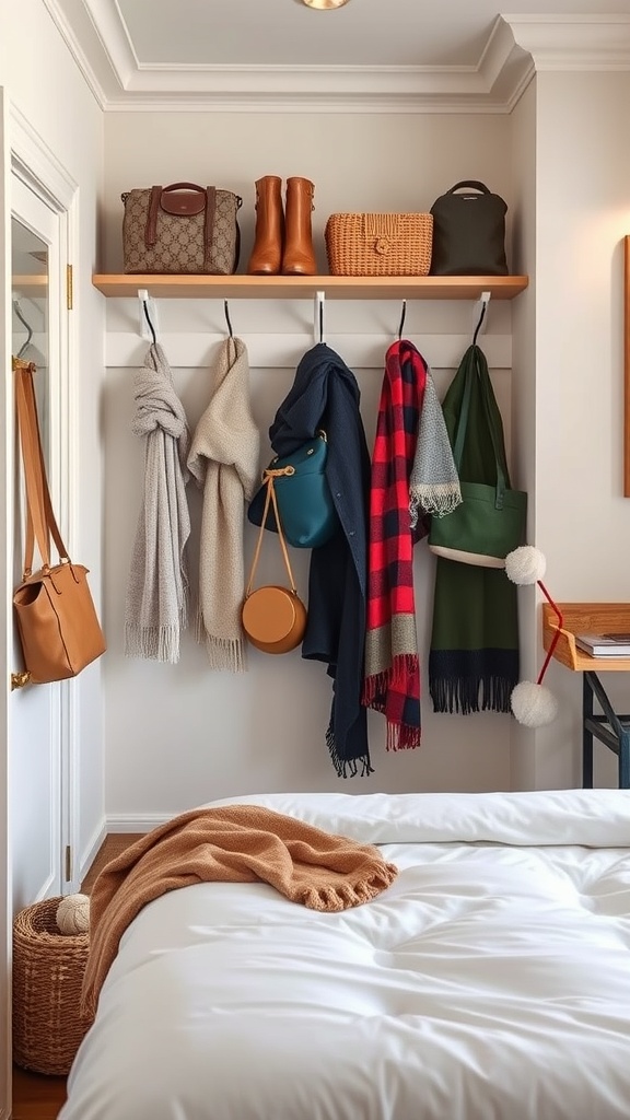 A small closet with hooks displaying bags and scarves, and a shelf above with boots and baskets.