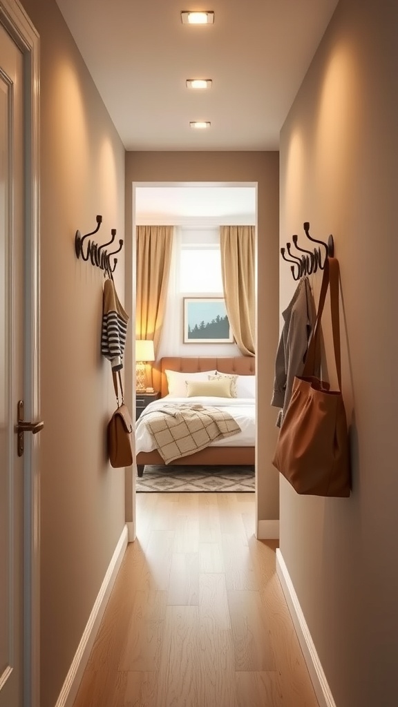 A narrow entryway with hooks for coats and bags, leading to a cozy bedroom.
