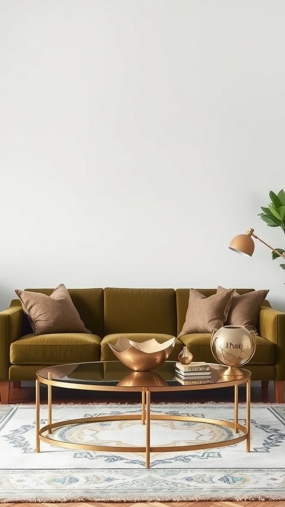 An olive green couch in a cozy living room with metallic accents.