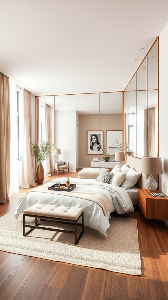 A modern bedroom featuring large mirrors that enhance light and space.