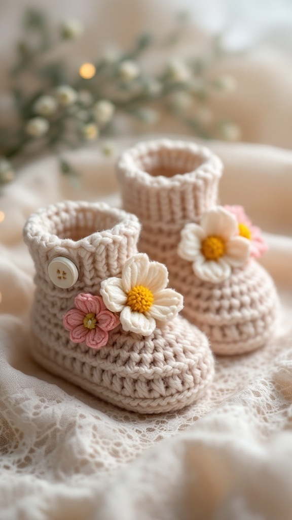 Crochet baby booties with flowers and button embellishments.