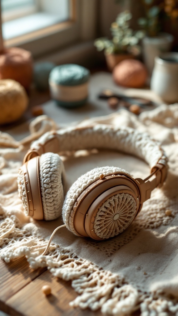 Crochet headphone cover with embellishments, displayed amidst colorful yarn balls.