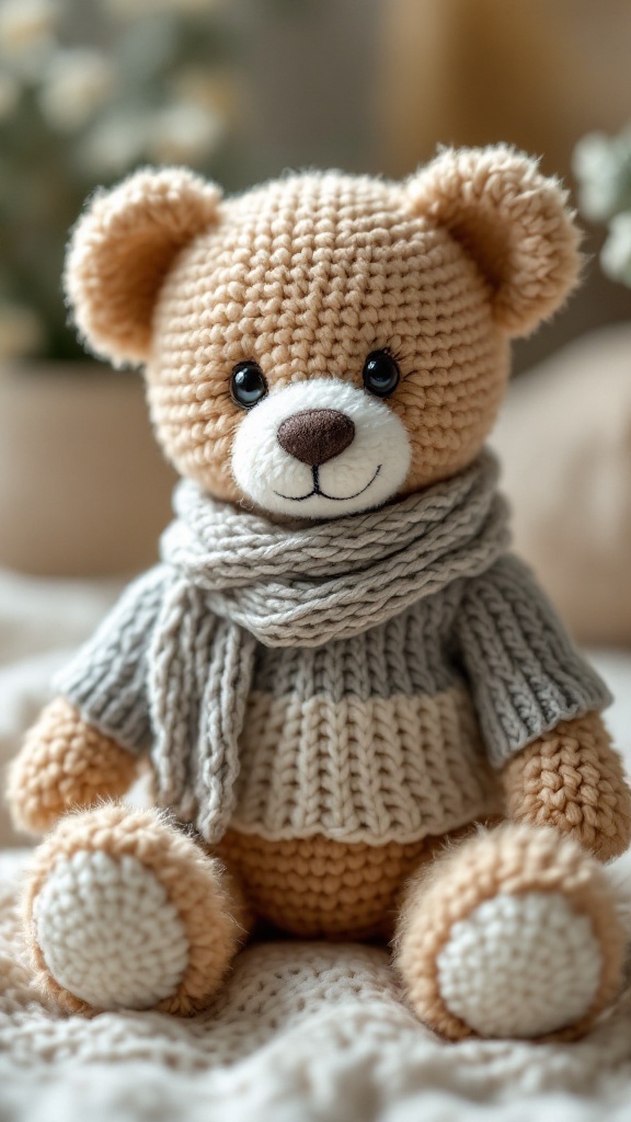 Crochet teddy bear wearing a cozy sweater and scarf