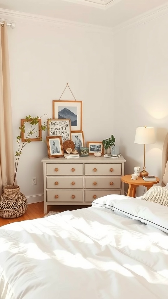 A cozy bedroom featuring a light-colored dresser adorned with framed pictures, a plant, and a lamp, creating a warm and inviting atmosphere.