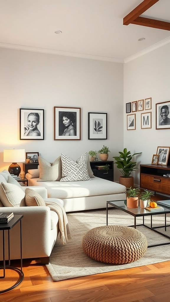 A cozy living room with framed artwork, plants, and comfortable furniture.