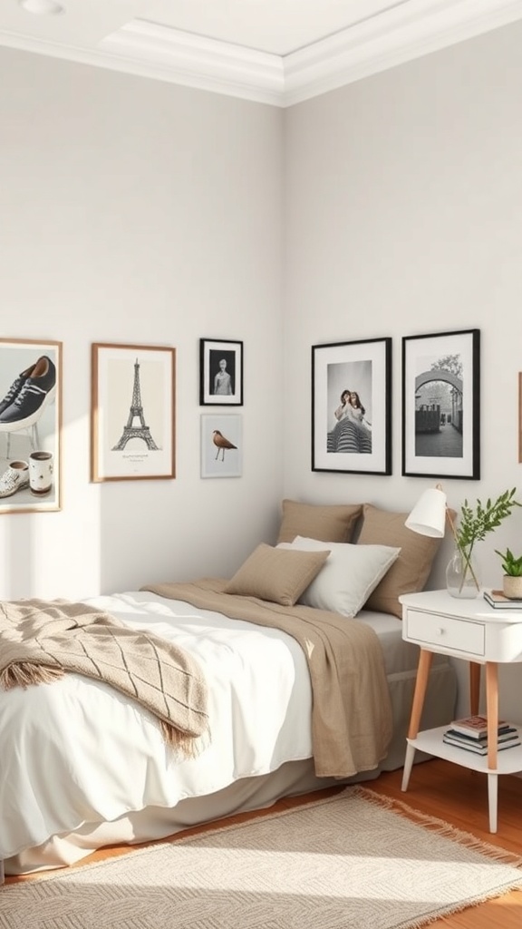 A small rectangular bedroom with framed artwork on the walls and a cozy bed.