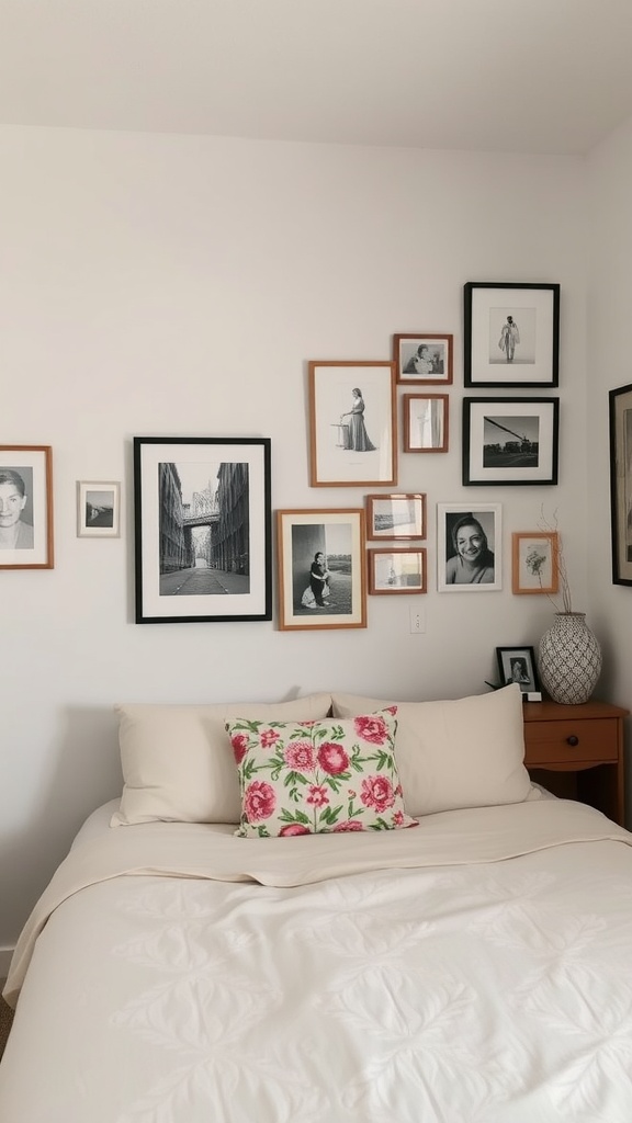 A cozy small guest bedroom with a wall of framed artwork and a bed adorned with a floral pillow.
