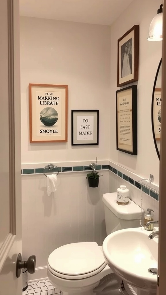A stylish small bathroom featuring framed artwork and a small plant.