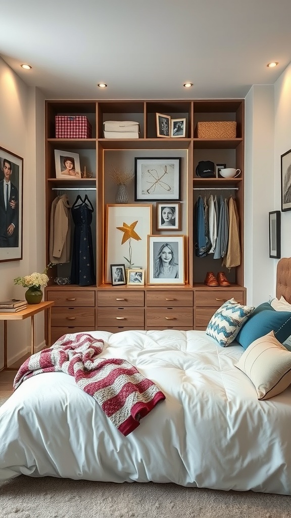 A stylish walk-in wardrobe featuring organized clothing, framed artwork, and decorative elements.