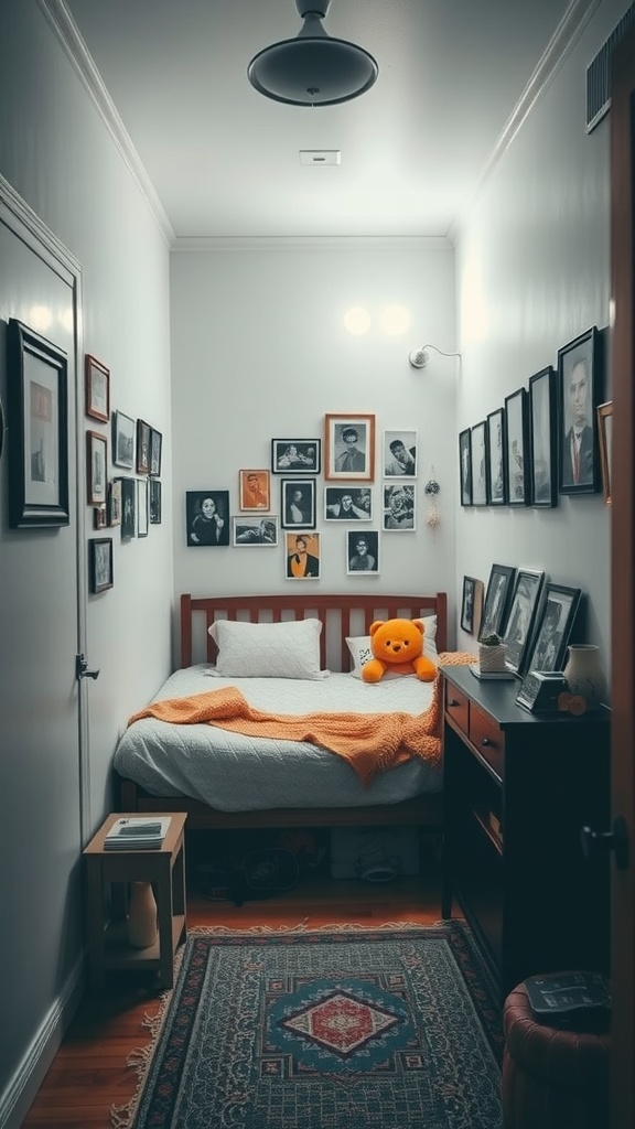 Cozy narrow bedroom with framed photos, a bed with orange blanket, and warm decor.