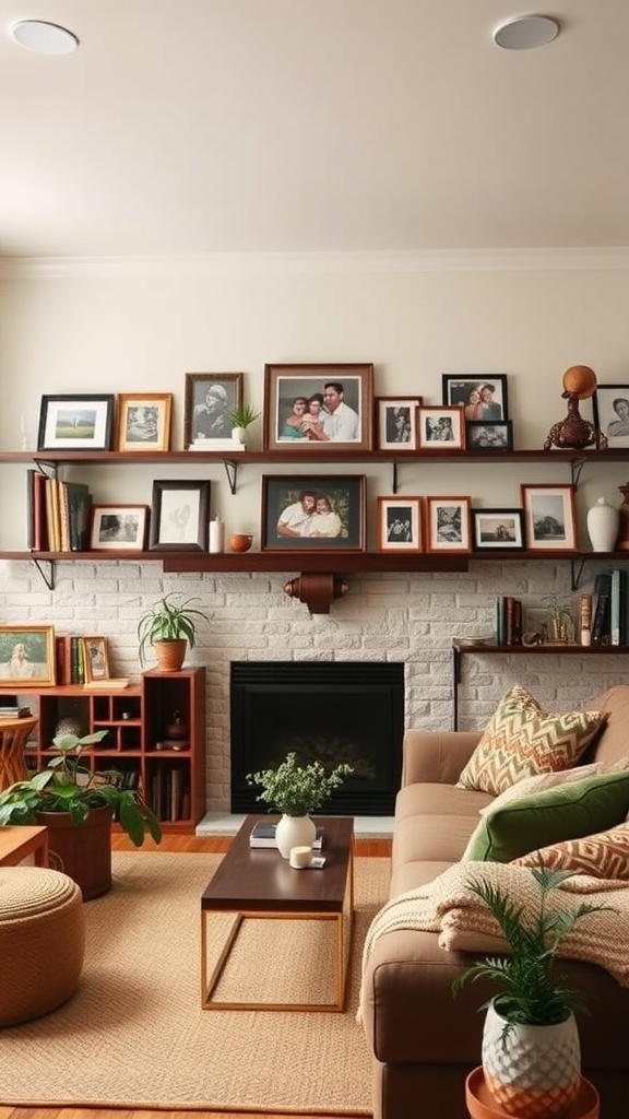 Cozy family room with family photos, plants, and decorative items.