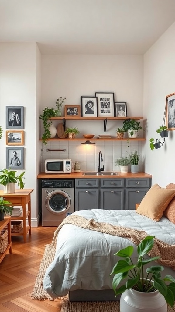 A cozy apartment kitchen with plants, framed photos, and a washing machine.