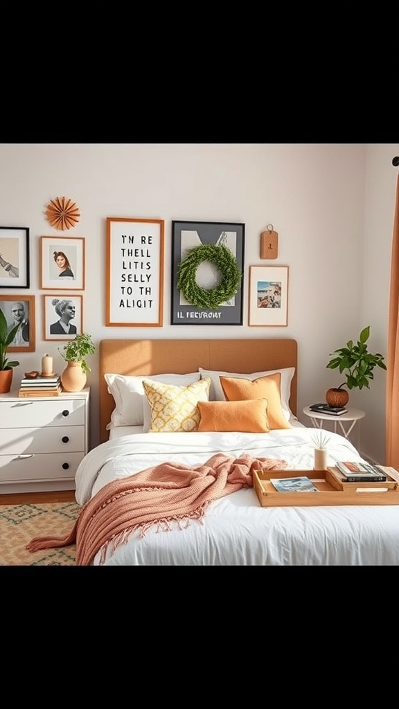 A cozy bedroom with a gallery wall, colorful pillows, and plants.