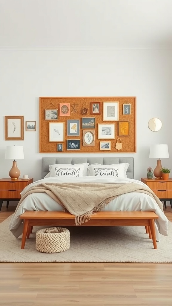 A cozy bedroom featuring a gallery wall, textured bedding, and warm decor.