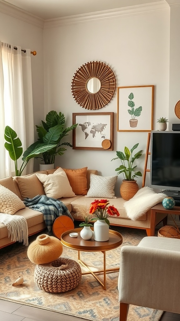 A cozy, earthy living room featuring plants, soft textures, and DIY decor elements.
